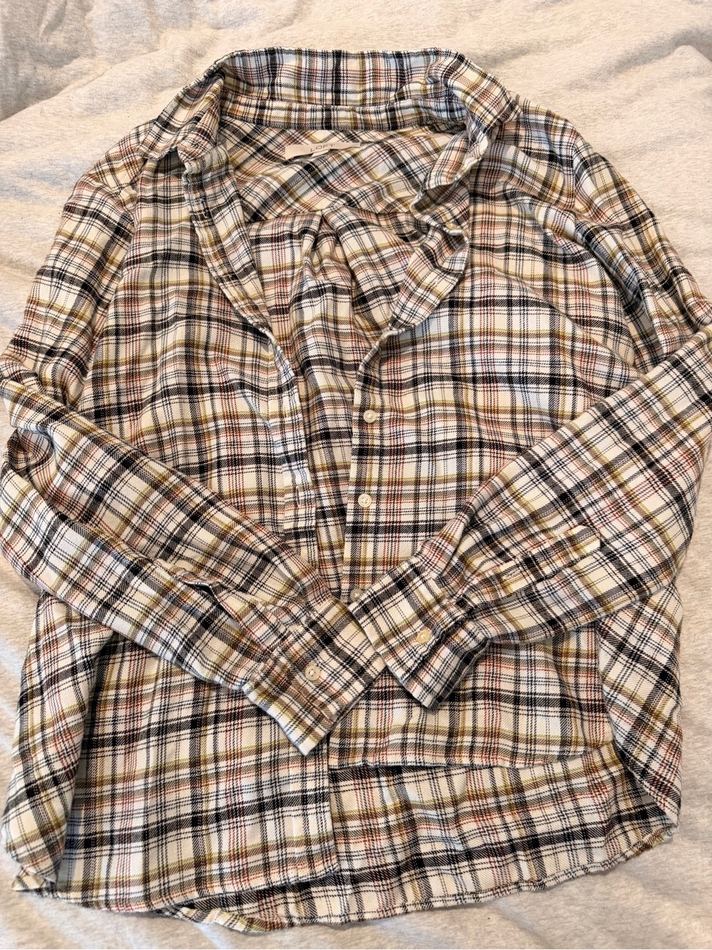 Loft plaid long sleeve flannel button down in brown black cream and green. Small